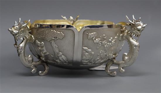 A late 19th/early 20th century Chinese Export white metal tri-handled bowl, by Hung Chong?, 9.5 oz.